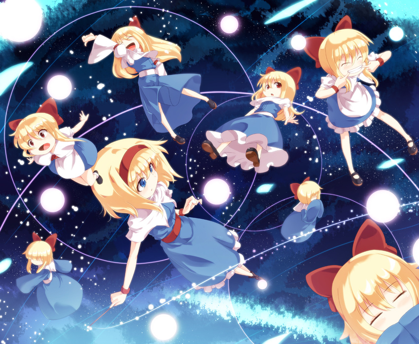 alice_margatroid apron arm_up blonde_hair blue_dress blue_eyes bow capelet closed_eyes covering_face dress fingersmile grin hair_bow hairband highres lights long_hair long_sleeves meracle open_mouth outstretched_arms red_eyes sash shanghai_doll short_hair smile solo stick string touhou wide_sleeves