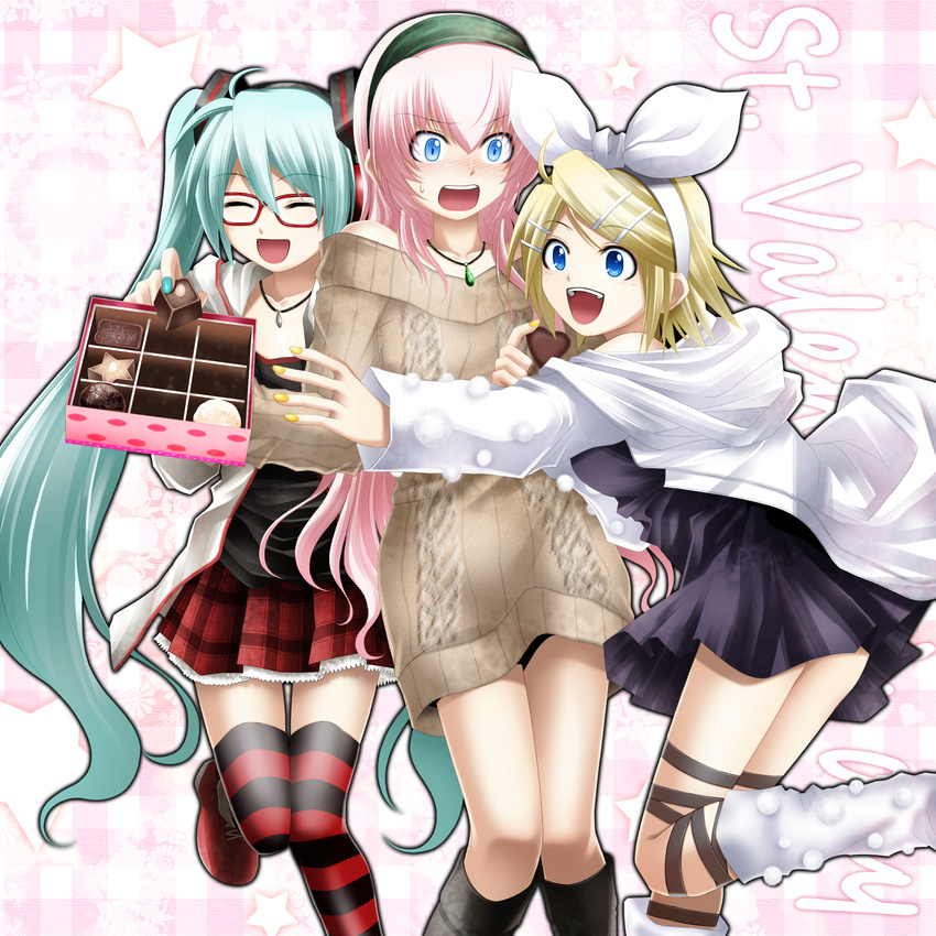 aqua_hair bad_id bad_pixiv_id blonde_hair blue_eyes blush boots box box_of_chocolates chocolate closed_eyes glasses hair_ornament hair_ribbon hairband hairclip hatsune_miku highres jewelry kagamine_rin kocchi_muite_baby_(vocaloid) kuromayu long_hair megurine_luka multiple_girls nail_polish necklace open_mouth pink_hair ribbon short_hair skirt striped striped_legwear sweatdrop sweater thighhighs twintails valentine very_long_hair vocaloid