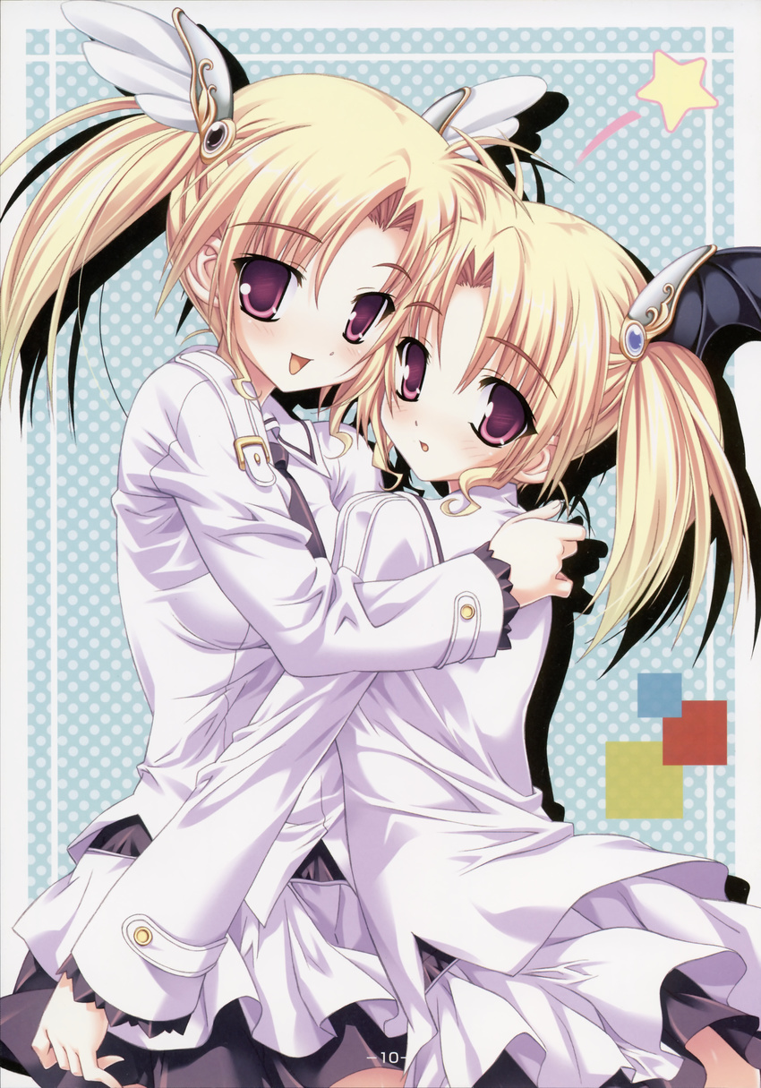 2girls :d :o absurdres bangs blonde_hair blush buckle cowboy_shot frame from_side hair_ornament happy highres hug kurosaki long_sleeves looking_at_viewer looking_back magus_tale multiple_girls necktie nina_geminis open_mouth page_number parted_bangs polka_dot polka_dot_background purple_eyes rena_geminis scan school_uniform serafuku shadow short_hair short_twintails siblings sisters skirt smile star twins twintails