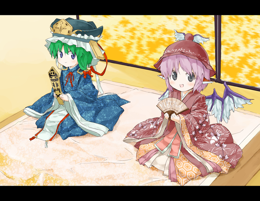 animal_ears bad_id bad_pixiv_id black_eyes blue_eyes child fan folding_fan green_hair hat hina_ningyou japanese_clothes letterboxed multiple_girls mystia_lorelei pink_hair rod_of_remorse sawayaka_samehada shiki_eiki short_hair sitting touhou wings