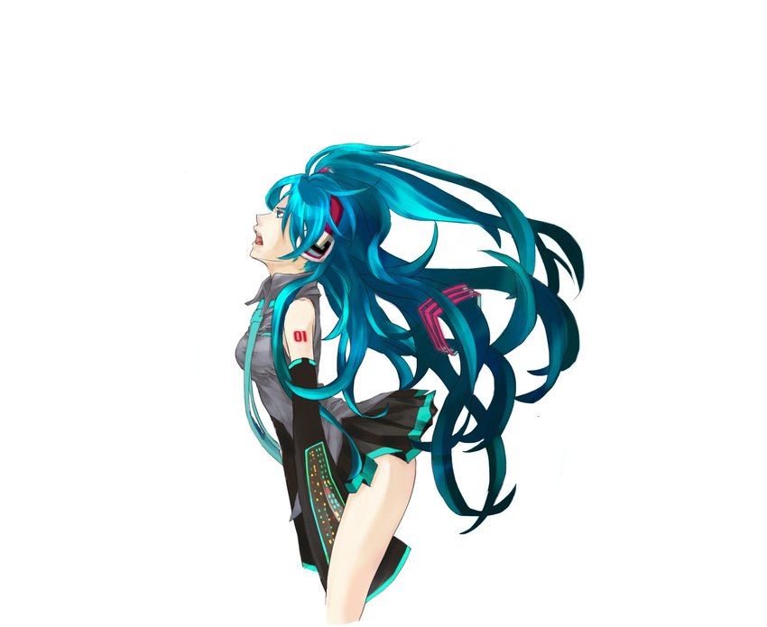 aqua_hair detached_sleeves female hatsune_miku headphones highres long_hair necktie open_mouth side_view singer skirt solo tattoo teal_hair tie trench twintails vocaloid