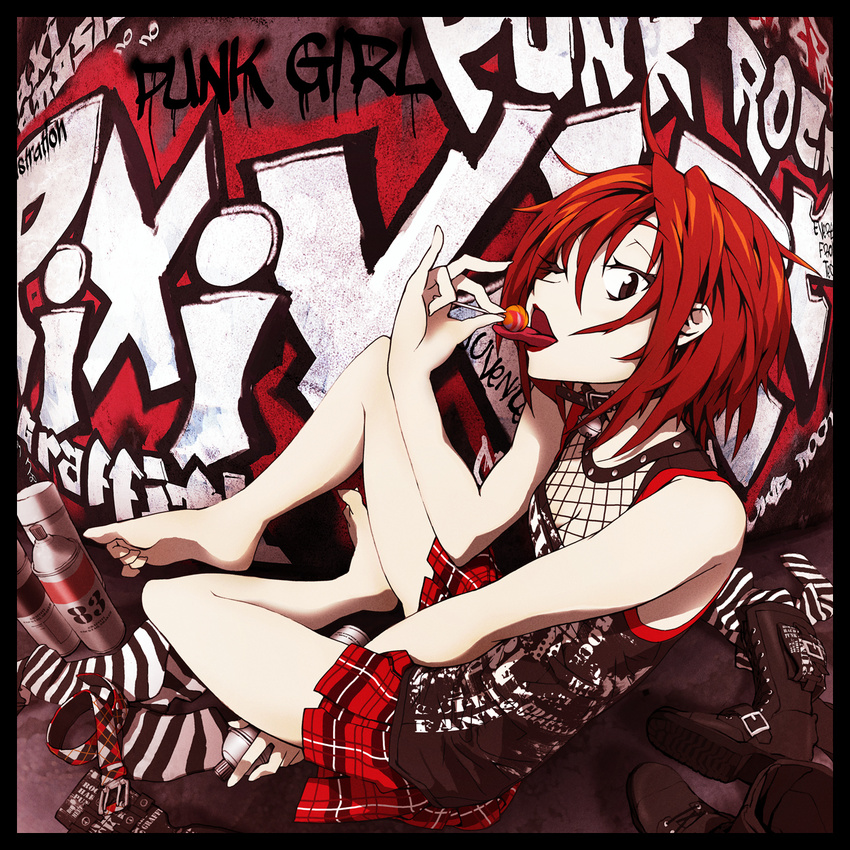 barefoot belt black_border boots boots_removed border brown_eyes candy eating english fishnets food graffiti highres legwear_removed licking lollipop microphone one_eye_closed original pixiv_punk_and_rock plaid plaid_skirt punk red_hair revision short_hair sitting skirt socks solo spray_can spray_paint striped tongue tsukuba_masahiro