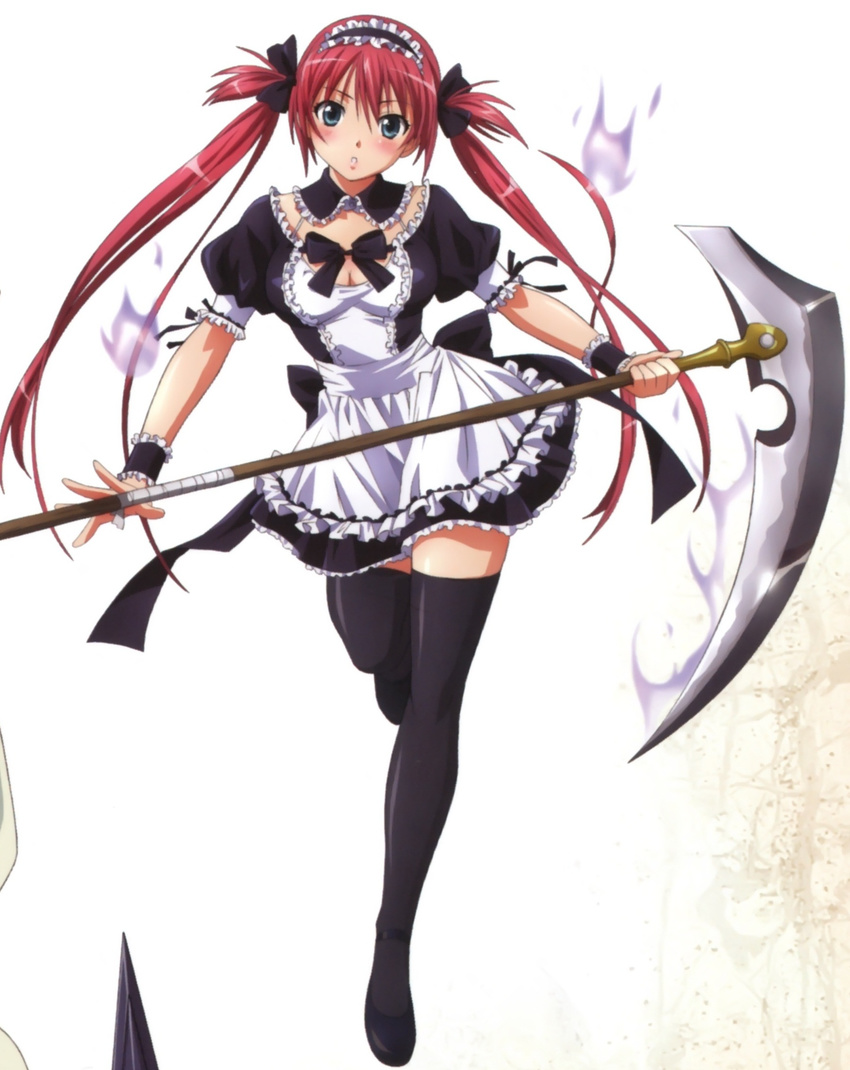 1girl airi airi_(queen's_blade) girl highres legwear maid queen's_blade queen's_blade red_hair rin-sin scythe solo standing stockings thighhighs twintails weapon