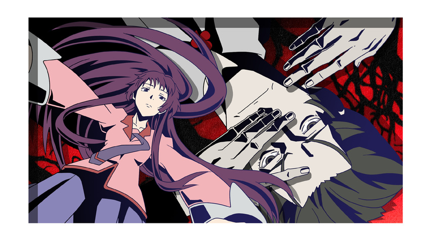 1girl bakemonogatari black_eyes falling g3pen kaiki_deishuu long_hair monogatari_(series) nisemonogatari parody purple_hair school_uniform senjougahara_hitagi short_hair un-go upside-down