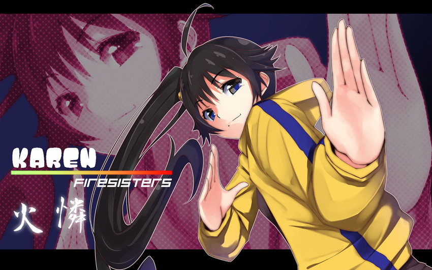 ahoge araragi_karen bad_id bad_pixiv_id black_hair brown_eyes fighting_stance hood hooded_track_jacket hoodie jacket long_hair masamuuu monogatari_(series) nisemonogatari ponytail side_ponytail smile solo track_jacket zoom_layer