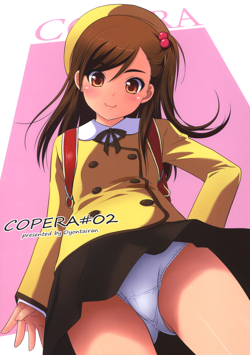 backpack bag bangs beret blazer blush brown_hair buttons cover cover_page doujinshi flat_chest from_below hair_bobbles hair_ornament hand_on_hip hat head_tilt highres jacket lace lace-trimmed_panties long_hair looking_at_viewer looking_down naughty_face non-web_source nonohara_miki one_side_up orange_eyes original panties pantyshot pleated_skirt randoseru ribbon scan school_uniform sidelocks skirt smile solo standing swept_bangs thighs underwear upskirt white_panties