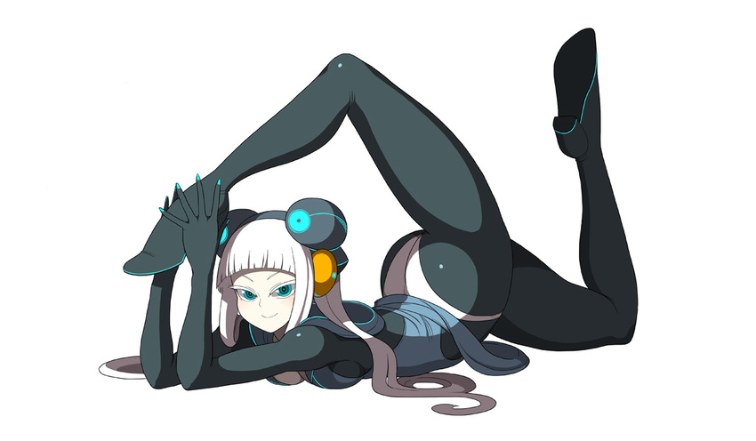 aqua_eyes ass bodysuit electro_emilia flexible full_body high_heels ken_(koala) legs long_hair neon_trim original panties shoes simple_background smile solo thong underwear white_background white_hair white_panties