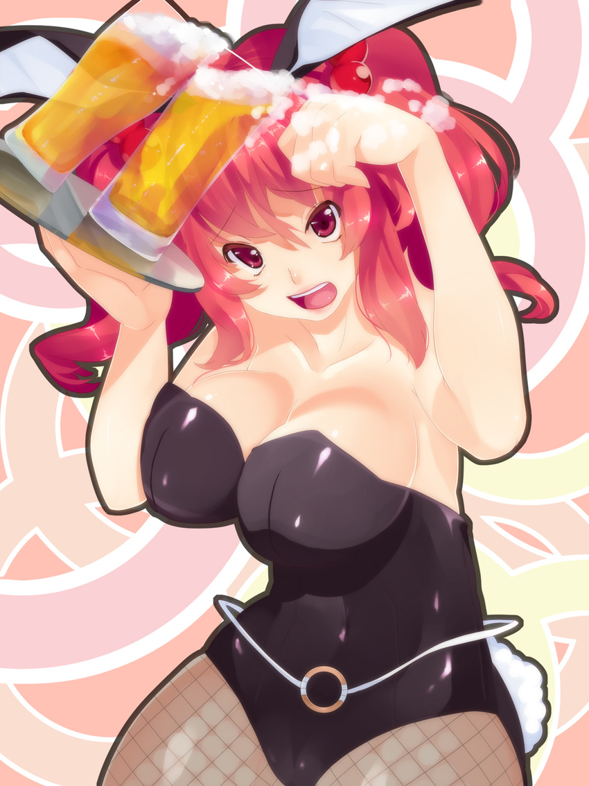 alcohol animal_ears bare_shoulders beer breasts bunny_ears bunny_girl bunny_tail bunnysuit cleavage cup fishnet_pantyhose fishnets hair_bobbles hair_ornament highres large_breasts leotard onozuka_komachi open_mouth pantyhose red_eyes red_hair short_hair smile solo tail touhou tray two_side_up yuuji_(yukimimi)
