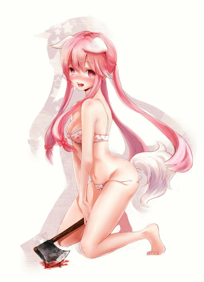 :d absurdres animal_ears axe bad_id bad_pixiv_id barefoot blood bra breasts cleavage feet gasai_yuno hatchet highres kemonomimi_mode kneeling letta lingerie long_hair looking_at_viewer medium_breasts mirai_nikki navel open_mouth panties pink_eyes pink_hair polka_dot polka_dot_bra smile solo tail underwear underwear_only weapon western_hatchet