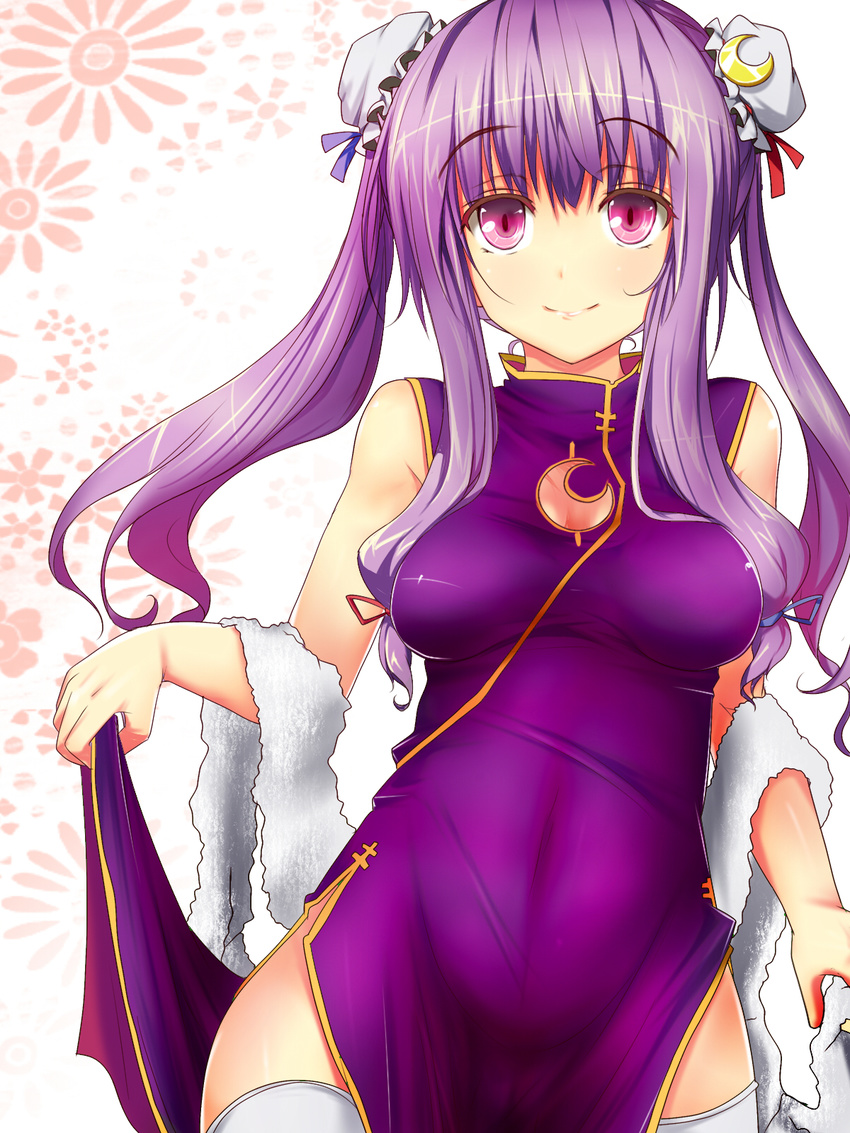 alternate_costume alternate_hairstyle breasts bun_cover cameltoe china_dress chinese_clothes crescent double_bun dress fukunaga_kazuhiro hair_ribbon highres long_hair medium_breasts patchouli_knowledge pink_eyes purple_hair ribbon shirt side_slit smile solo taut_clothes taut_shirt thighhighs touhou twintails white_legwear
