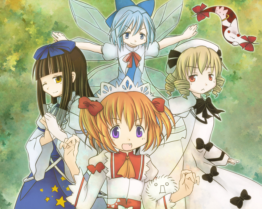 ;) blonde_hair blue_eyes blue_hair bow brown_hair cirno dress drill_hair fang gap hair_bow hat kamome202 kedama kyubey long_hair luna_child mahou_shoujo_madoka_magica multiple_girls one_eye_closed open_mouth orange_hair outstretched_arms parody purple_eyes red_eyes ribbon short_hair smile star_sapphire style_parody sunny_milk touhou twintails what_if wings yellow_eyes