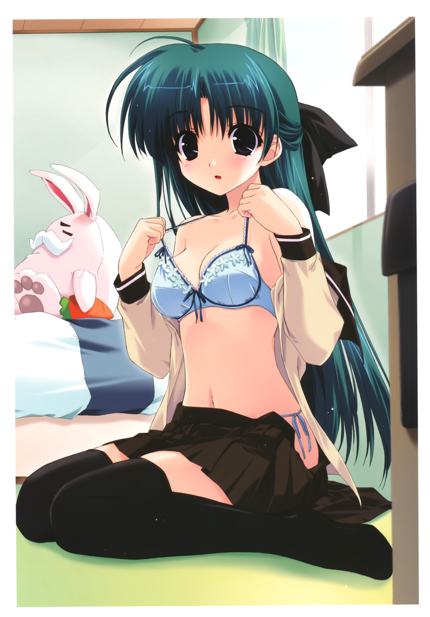 absurdres bare_shoulders bedroom black_legwear blue_bra bow bow_bra bra green_hair hair_bow highres indoors lingerie no_shirt off_shoulder original panties pleated_skirt purple_eyes school_uniform shintarou side-tie_panties sitting skirt solo strap_pull stuffed_animal stuffed_toy thighhighs underwear undressing wariza