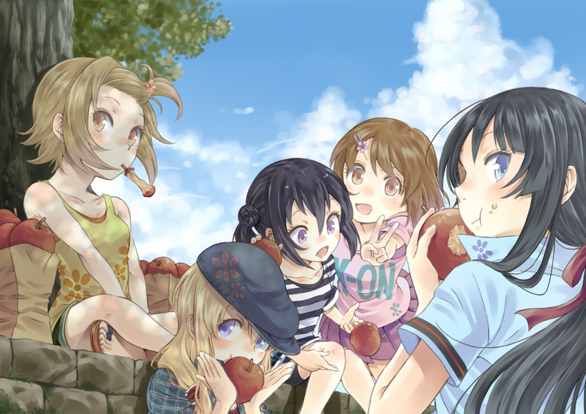 :t akiyama_mio apple apple_core black_hair blonde_hair blue_eyes brown_eyes brown_hair casual eating food fruit hirasawa_yui k-on! kotobuki_tsumugi long_hair looking_at_viewer mouth_hold multiple_girls nakano_azusa purple_eyes sandals short_hair t-okada tainaka_ritsu topknot twintails v