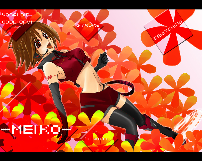 agi_(holic2007) boots brown_hair elbow_gloves flowers meiko red red_eyes thighhighs vocaloid