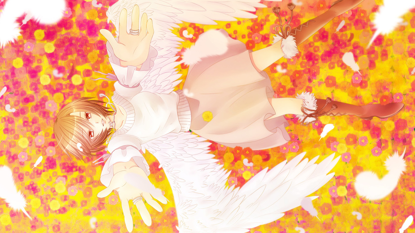 agi_(holic2007) angel boots brown_eyes brown_hair feathers flowers meiko short_hair skirt vocaloid wings