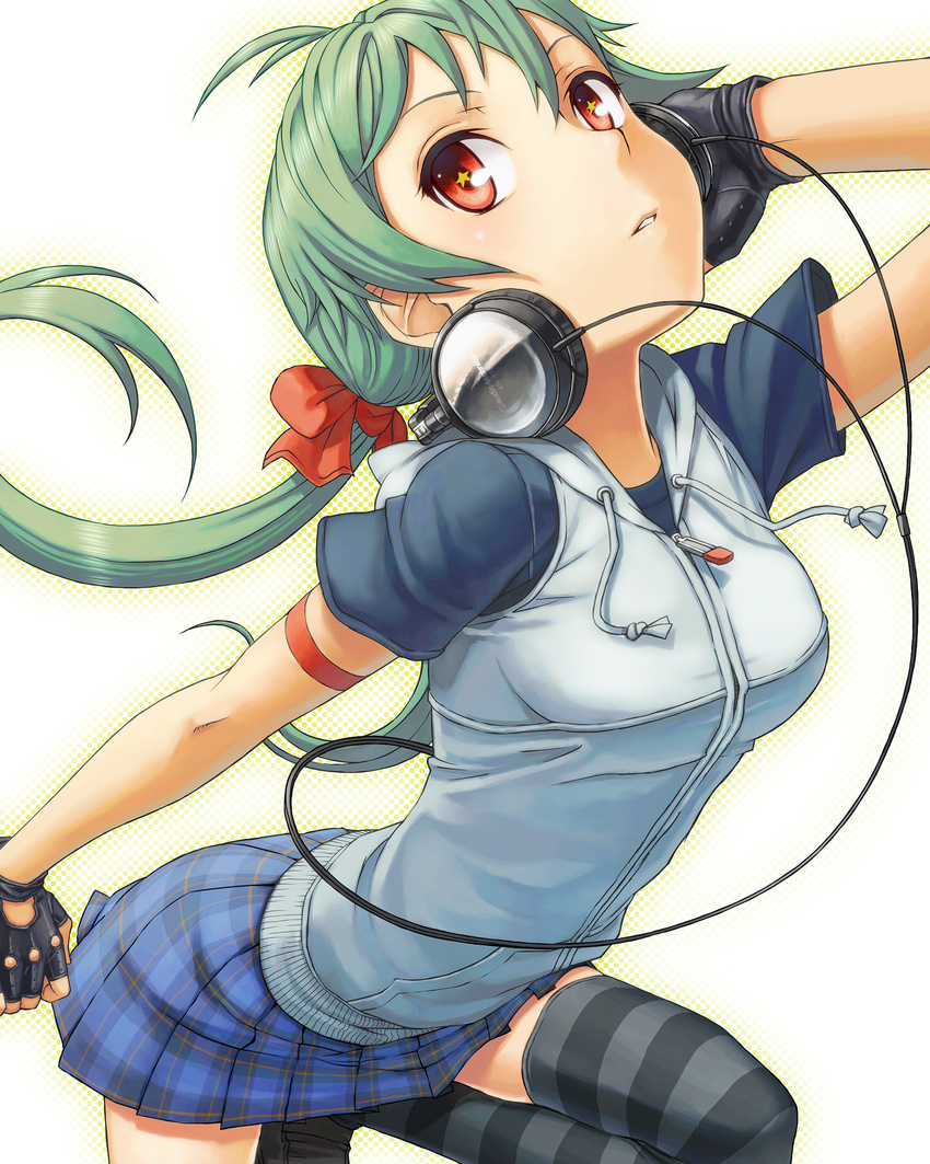 arm_strap arm_up audio-technica black_gloves breasts cable face fingerless_gloves gloves green_hair hair_ribbon hand_on_headphones headphones highres hood hood_down hoodie itou_(onsoku_tassha) legs_folded medium_breasts original parted_lips plaid plaid_skirt ponytail raglan_sleeves red_eyes red_ribbon ribbon shoes simple_background skirt solo star star-shaped_pupils striped striped_legwear symbol-shaped_pupils thighhighs zipper