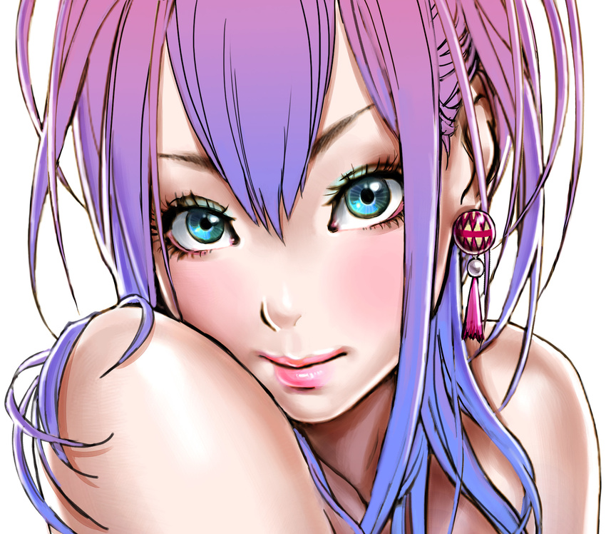 bad_id bad_pixiv_id bare_shoulders blue_eyes blush close-up earrings face hair_between_eyes highres jewelry lips looking_at_viewer makeup original purple_hair simple_background solo white_background yamashita_shun'ya