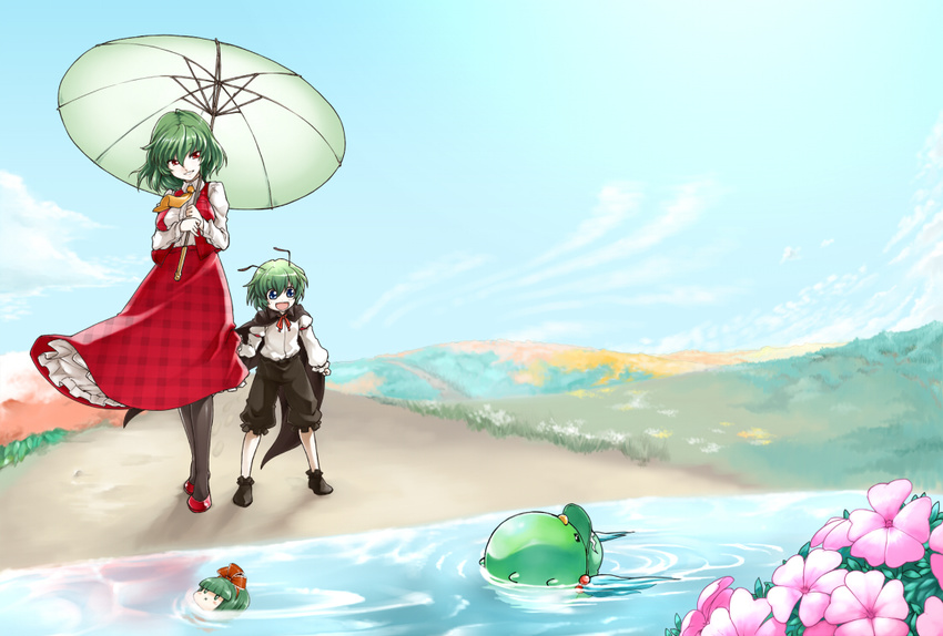 antennae ascot black_legwear blue_eyes cape chibi child cloud day flower green_hair kagiyama_hina kawashiro_nitori kawashiro_nitori_(kappa) kazami_yuuka multiple_girls outdoors pantyhose phenne red_eyes short_hair sky smile touhou umbrella water wriggle_nightbug