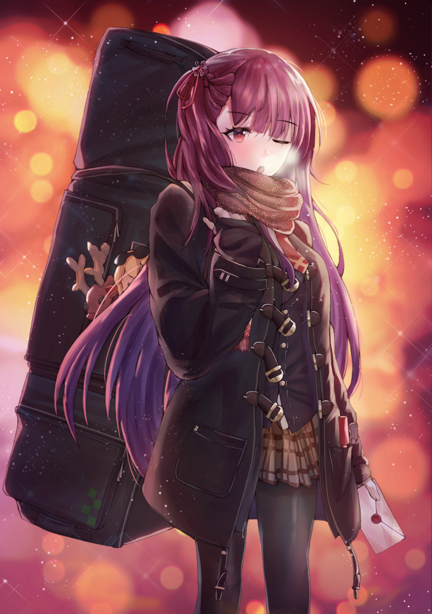 1girl alternate_costume arm_behind_back arm_up artist_name bangs belt black_gloves black_legwear blazer blunt_bangs blush breasts breath breathing brown_hair brown_skirt buckle coat cold commentary_request eyebrows_visible_through_hair eyes_visible_through_hair girls_frontline gloves hair_ribbon highres holding holding_letter holding_strap jacket leaning_forward long_hair looking_at_viewer medium_breasts necktie necoring862 night night_sky one_eye_closed one_side_up open_clothes open_coat open_mouth pantyhose pleated_skirt purple_hair red_eyes red_neckwear red_scarf ribbon scarf skirt sky snowflake_print solo sparkle standing very_long_hair wa2000_(girls_frontline) weapon_bag