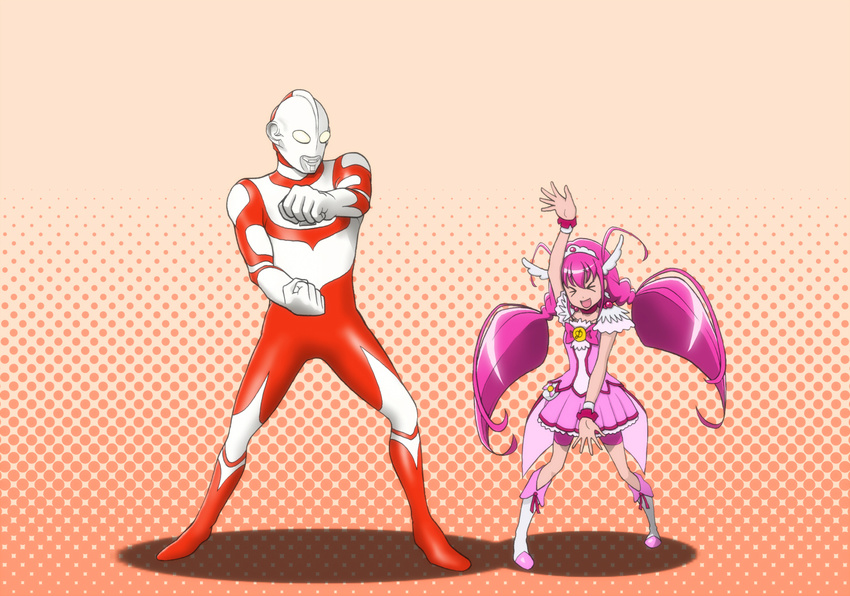 &gt;_&lt; 1girl :d closed_eyes crossover cure_happy halftone halftone_background height_difference hoshizora_miyuki kijinaka_mahiro magical_girl open_mouth pink_hair pose precure smile smile_precure! tiara twintails ultra_series ultraman:_towards_the_future ultraman_great xd