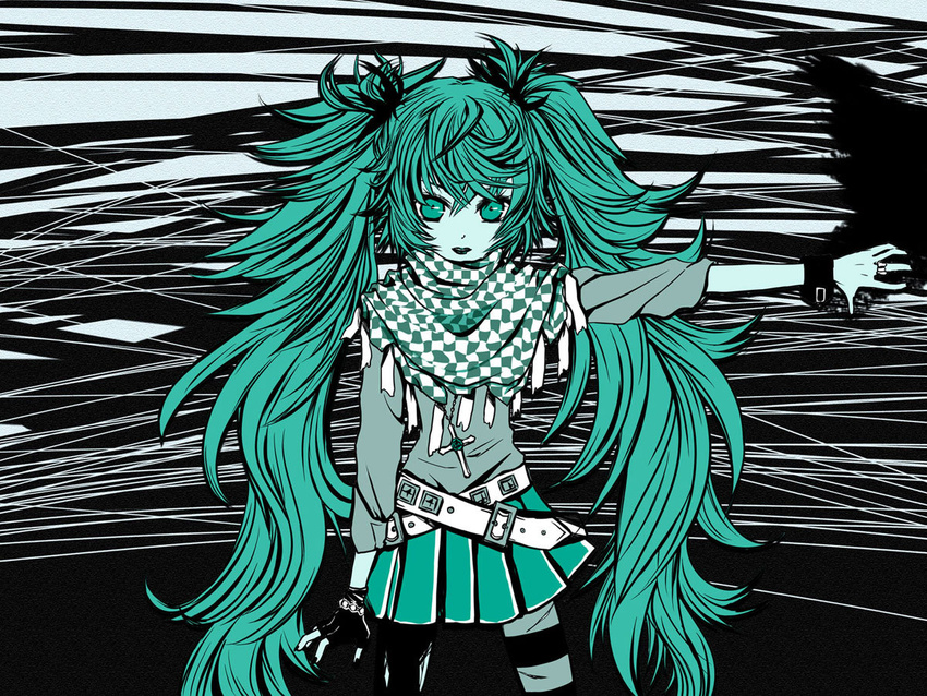 agi_(holic2007) aqua_eyes aqua_hair cross gloves hatsune_miku long_hair monochrome scarf skirt twintails vocaloid