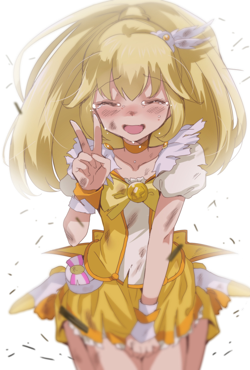 bad_id bad_pixiv_id blonde_hair bow choker closed_eyes cure_peace dirty hair_flaps highres kise_yayoi long_hair magical_girl precure saikawa_yusa skirt smile smile_precure! solo tears torn_clothes v white_background wide_ponytail yellow yellow_bow yellow_choker yellow_skirt