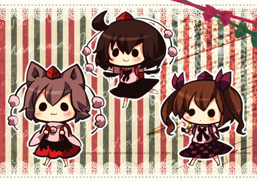 :3 abandon_ranka bad_id bad_pixiv_id black_wings blush brown_hair cellphone chibi hat himekaidou_hatate inubashiri_momiji multiple_girls phone shameimaru_aya short_hair skirt tokin_hat touhou wings