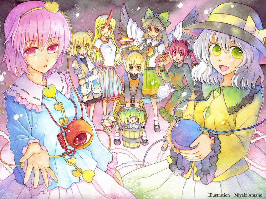 :o amano_miyabi animal_ears arm_warmers black_hair black_wings blonde_hair bow braid brown_eyes bucket carrying cat_ears cup extra_ears green_eyes hair_bow hat holding_arm horn hoshiguma_yuugi kaenbyou_rin kisume komeiji_koishi komeiji_satori kurodani_yamame light long_hair mizuhashi_parsee multiple_girls nail_polish noose open_mouth pink_eyes pink_hair red_eyes reiuji_utsuho sakazuki short_hair smile subterranean_animism third_eye touhou traditional_media twin_braids twintails watercolor_(medium) white_hair wings ||_||