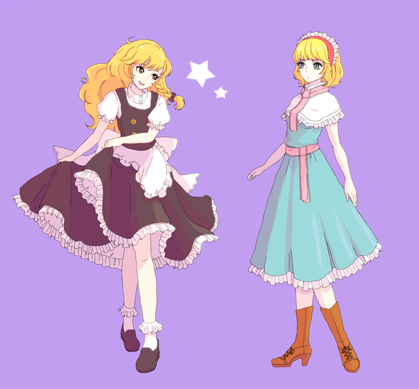 :d :o alice_margatroid apron bad_id bad_pixiv_id blonde_hair blue_dress blue_eyes bobby_socks boots bow braid buttons capelet cross-laced_footwear dress eye_contact eyelashes frills green_eyes hair_bow hairband head_tilt headband high_heels kirisame_marisa long_hair looking_at_another multiple_girls no_hat no_headwear open_mouth purple_background ribbon sash shoes short_hair short_sleeves simple_background skirt skirt_hold smile socks standing star ta_(tama2623) teeth touhou vest white_legwear yellow_eyes