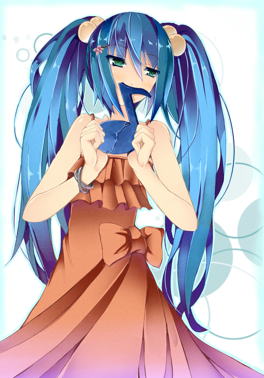 absurdres aqua_hair bracelet dress green_eyes hatsune_miku highres horayama jewelry long_hair musical_note solo twintails very_long_hair vocaloid