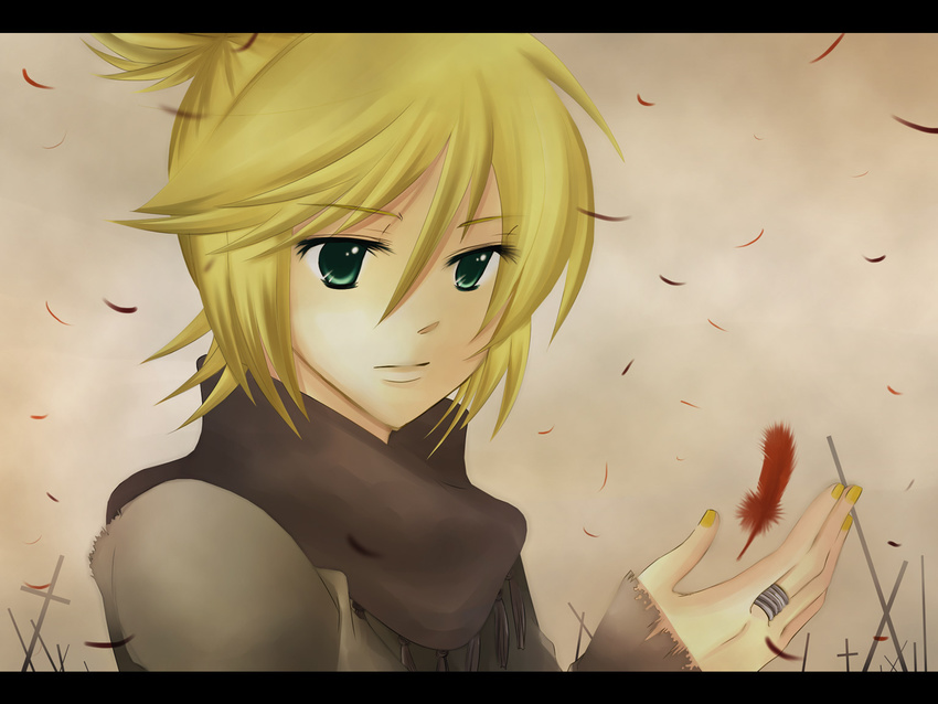 agi_(holic2007) blonde_hair brown clouds cross feathers green_eyes kagamine_len ponytail scarf short_hair vocaloid