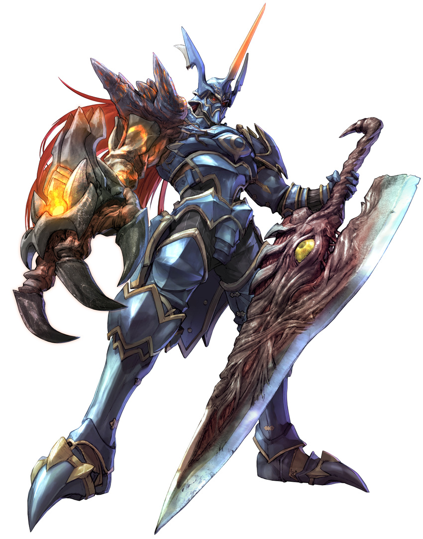 absurdres armor evil eyeball helmet highres horns huge_weapon kawano_takuji left-handed nightmare_(soulcalibur) official_art red_eyes red_hair simple_background soul_edge_(weapon) soulcalibur soulcalibur_v sword weapon white_background