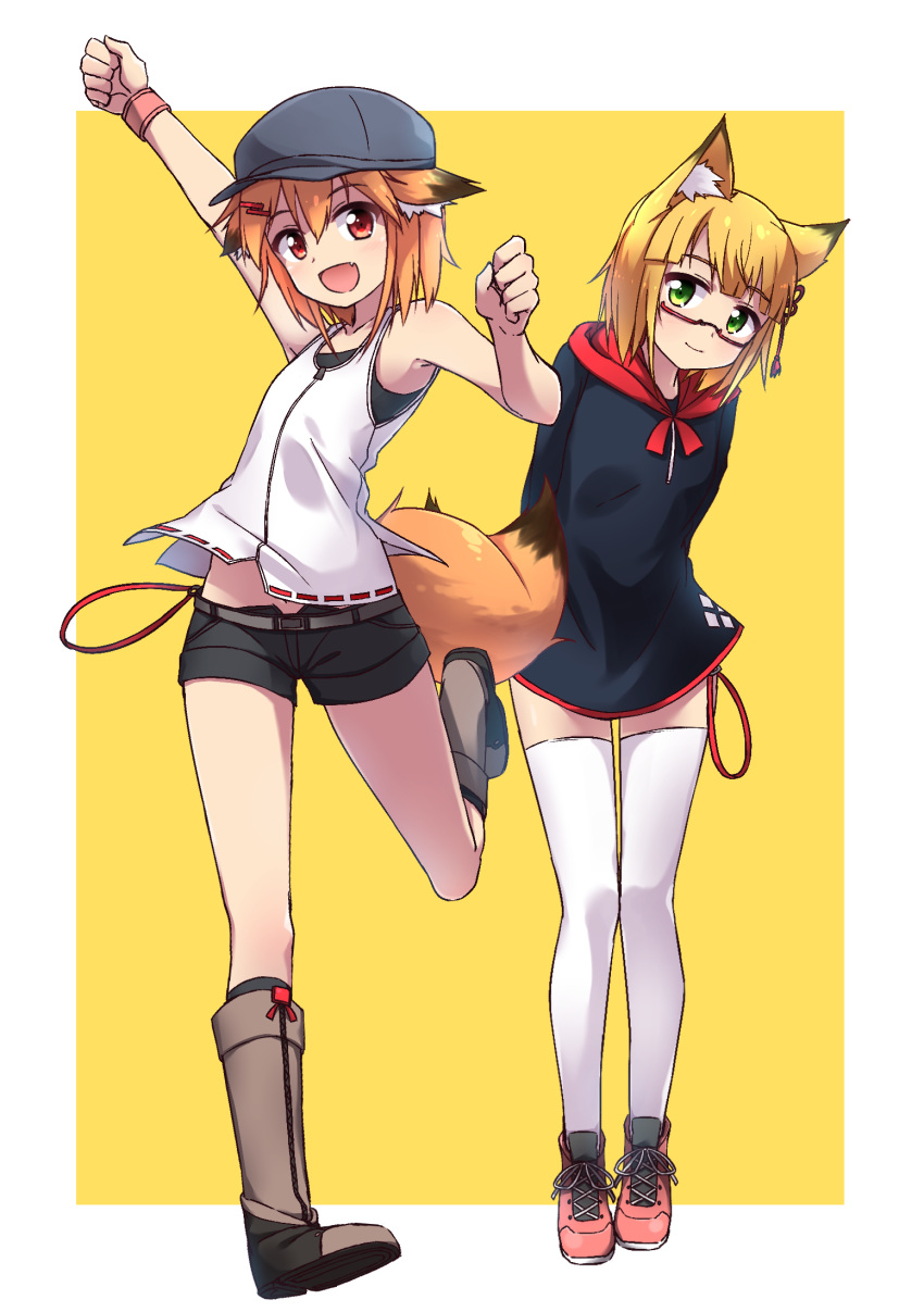 2girls :d animal_ear_fluff animal_ears arm_up bangs bare_arms bare_shoulders baseball_cap belt belt_buckle black_dress black_shorts blonde_hair blush boots brown_belt brown_footwear buckle closed_mouth commentary_request dress eyebrows_visible_through_hair fang fox_ears green_eyes grey_hat hair_between_eyes hair_ornament hairclip hat highres hood hood_down hooded_dress knee_boots minowa_sukyaru multiple_girls open_mouth original red_eyes shoes short_shorts shorts smile standing standing_on_one_leg tassel thighhighs two-tone_background white_background white_legwear white_tank_top yellow_background