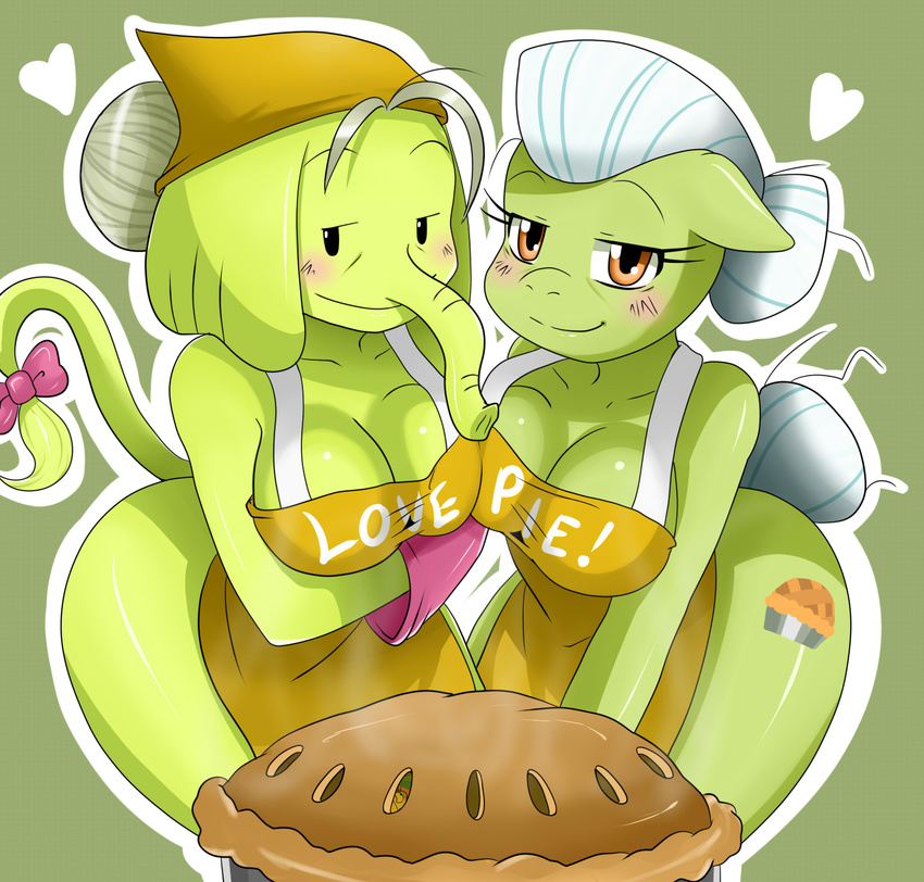 &hearts; &lt;3 adventure_time anthro anthrofied apron blush bow breasts cleavage clothed clothing crossover cutie_mark duo elephant equine female food friendship_is_magic gmilf granny_smith_(mlp) grey_hair hair horse jake mammal my_little_pony old oven_mitt pie plain_background pony princess_celestia_(mlp) smile sssonic2 tail tree_trunks