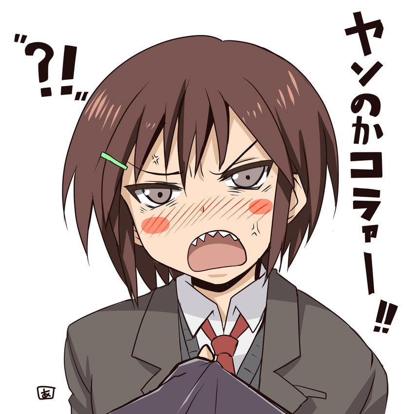 1girl anger_vein angry aoi_manabu blazer blush blush_stickers brown_hair danshi_koukousei_no_nichijou hair_ornament hairclip highres jacket necktie open_mouth ringo-chan_(danshi_koukousei) school_uniform sharp_teeth short_hair solo teeth translated