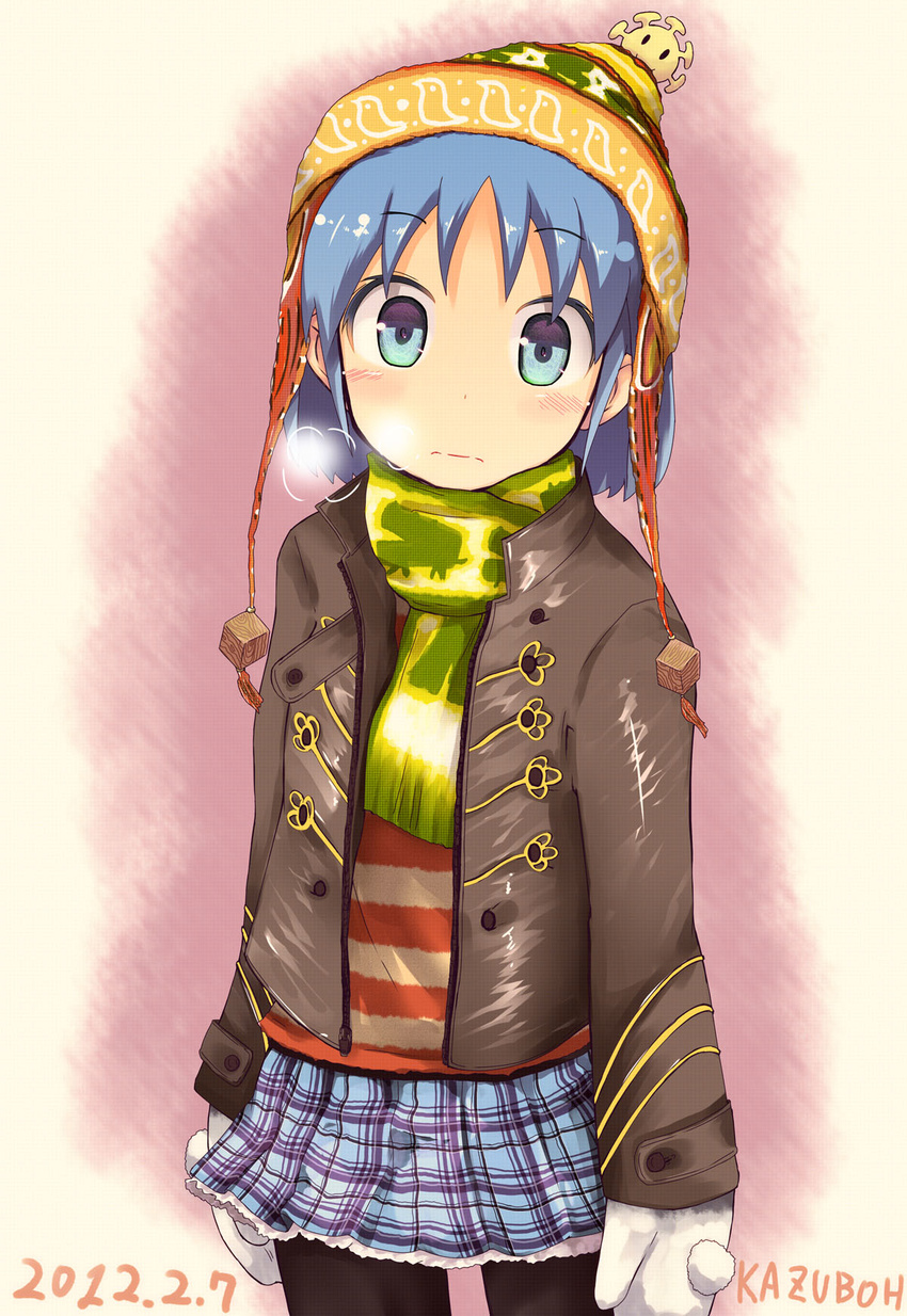 blue_eyes blue_hair blush breath coat gloves hair_down hat highres kazuboh naganohara_mio nichijou pantyhose scarf short_hair skirt solo striped winter_clothes