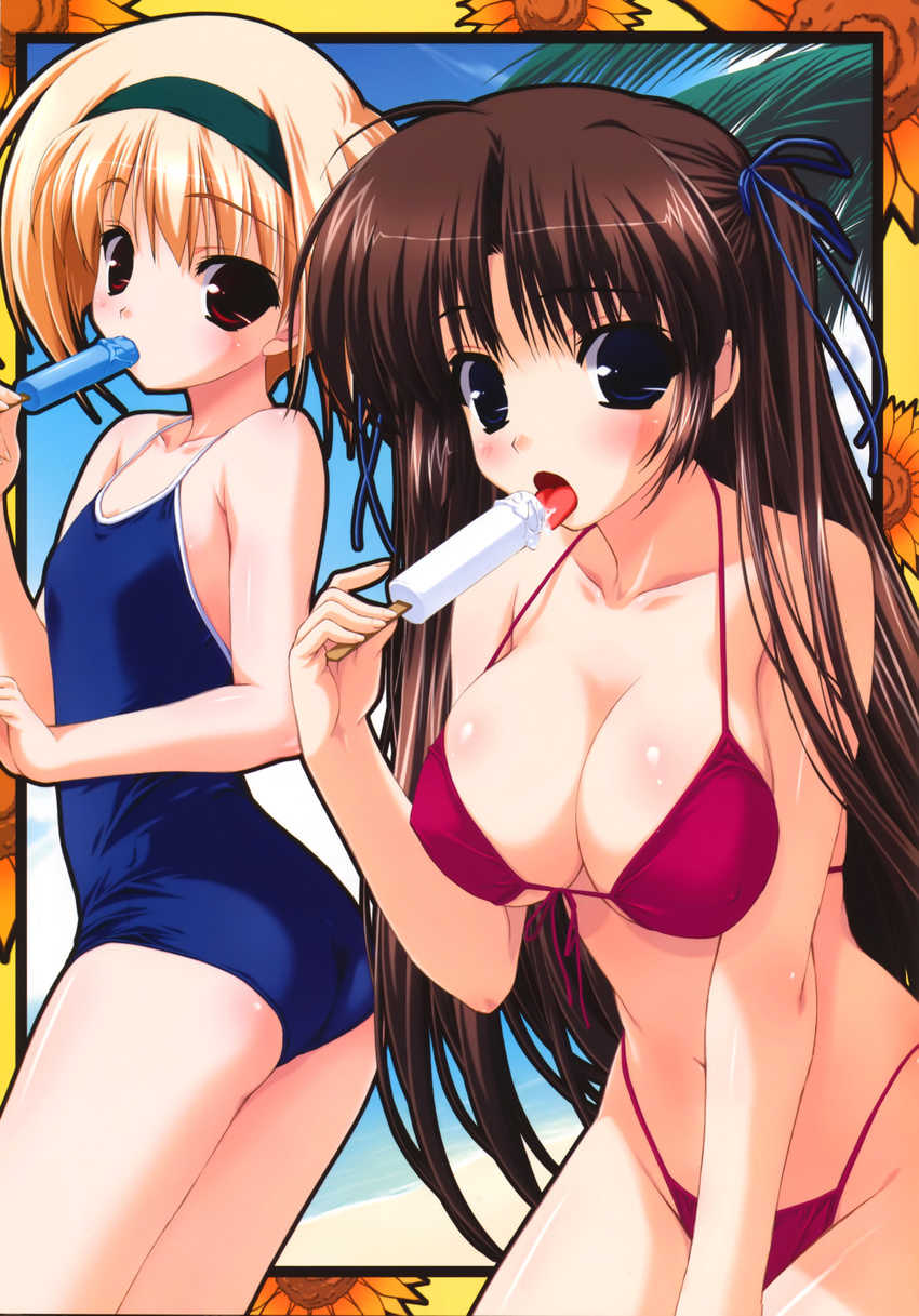 absurdres amaizumimoriamekoyori_no_mikoto ass bare_shoulders bikini blonde_hair blush breasts brown_hair casual_one-piece_swimsuit cleavage flat_chest food front-tie_top hair_ribbon hairband highleg highleg_bikini highleg_swimsuit highres kamipani! katase_megumi large_breasts long_hair looking_at_viewer multiple_girls navel one-piece_swimsuit popsicle purple_eyes red_bikini red_eyes ribbon shintarou short_hair strap_gap swimsuit tongue two_side_up