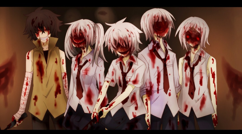 2girls 3boys bad_id bad_pixiv_id blood blood_on_face blood_splatter blood_stain bloody_clothes brown_hair evil_grin evil_smile grin guro horror_(theme) kaibutsu lead_pipe letterboxed multiple_boys multiple_girls nabuta375 necktie sabitsuki school_uniform short_hair smile smile_(.flow) twintails weapon white_hair