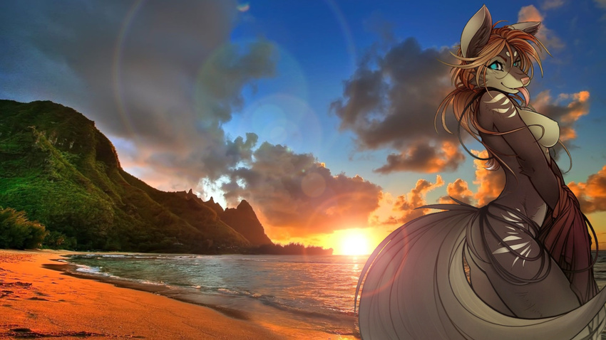 blue_eyes breasts brown_hair canine clothed clothing edit female hair mammal ocean paradise photo photo_background sea seaside side_boob skimpy solo sun sunset tongue tongue_out tsampikos wallpaper water