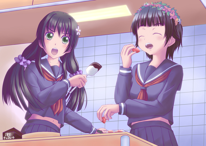 black_hair chocolate closed_eyes from_below green_eyes hair_ornament head_wreath long_hair multiple_girls nekoya_kazuya sakugawa_school_uniform saten_ruiko school_uniform serafuku short_hair spatula to_aru_kagaku_no_railgun to_aru_majutsu_no_index uiharu_kazari