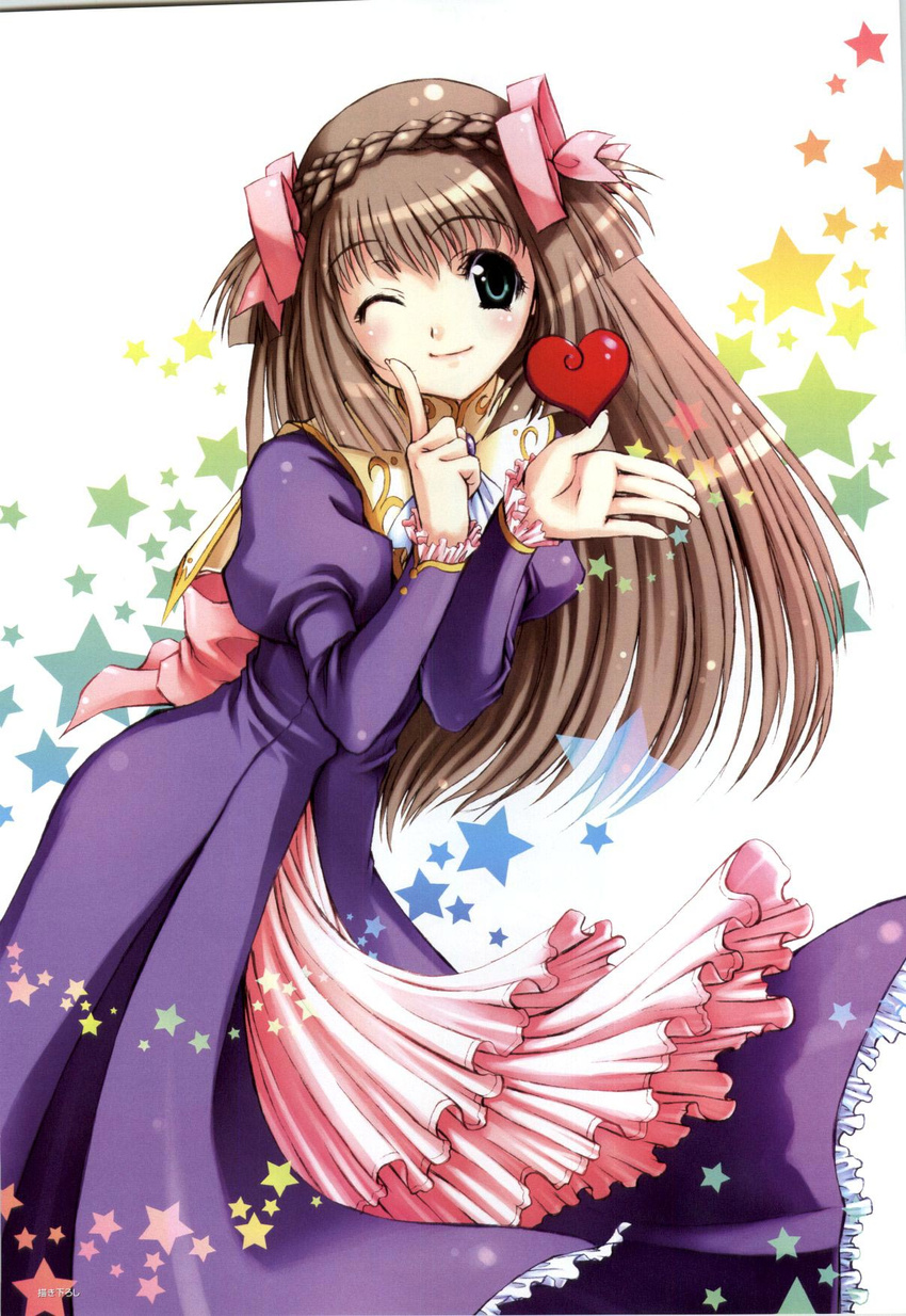 ascot bistro_cupid bistro_cupid_2 bow braid brown_hair celery_periwinkle crown_braid dress frills green_eyes hair_bow heart highres long_hair official_art one_eye_closed pandaki_(aki) pink_bow purple_dress rainbow_order scan smile solo star two_side_up white_neckwear