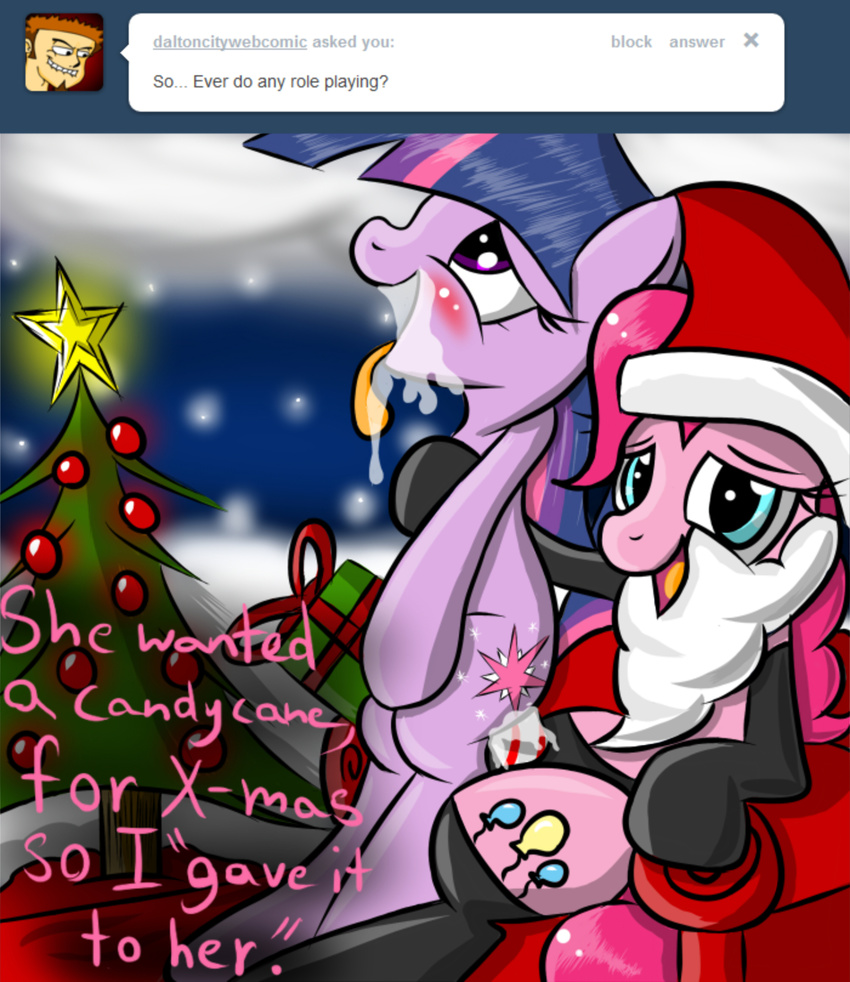 candy_cane christmas cutie_mark dildo drooling english_text equine female feral friendship_is_magic gift hair hat holidays horn horse lesbian long_hair looking_at_viewer mammal multi-colored_hair my_little_pony open_mouth penetration pink_hair pinkie_pie_(mlp) pony purple_eyes purple_hair saliva santa_hat sex sex_toy strapon tail text tongue tongue_out tree tumblr twilight_sparkle_(mlp) vaginal vaginal_penetration wood xmas