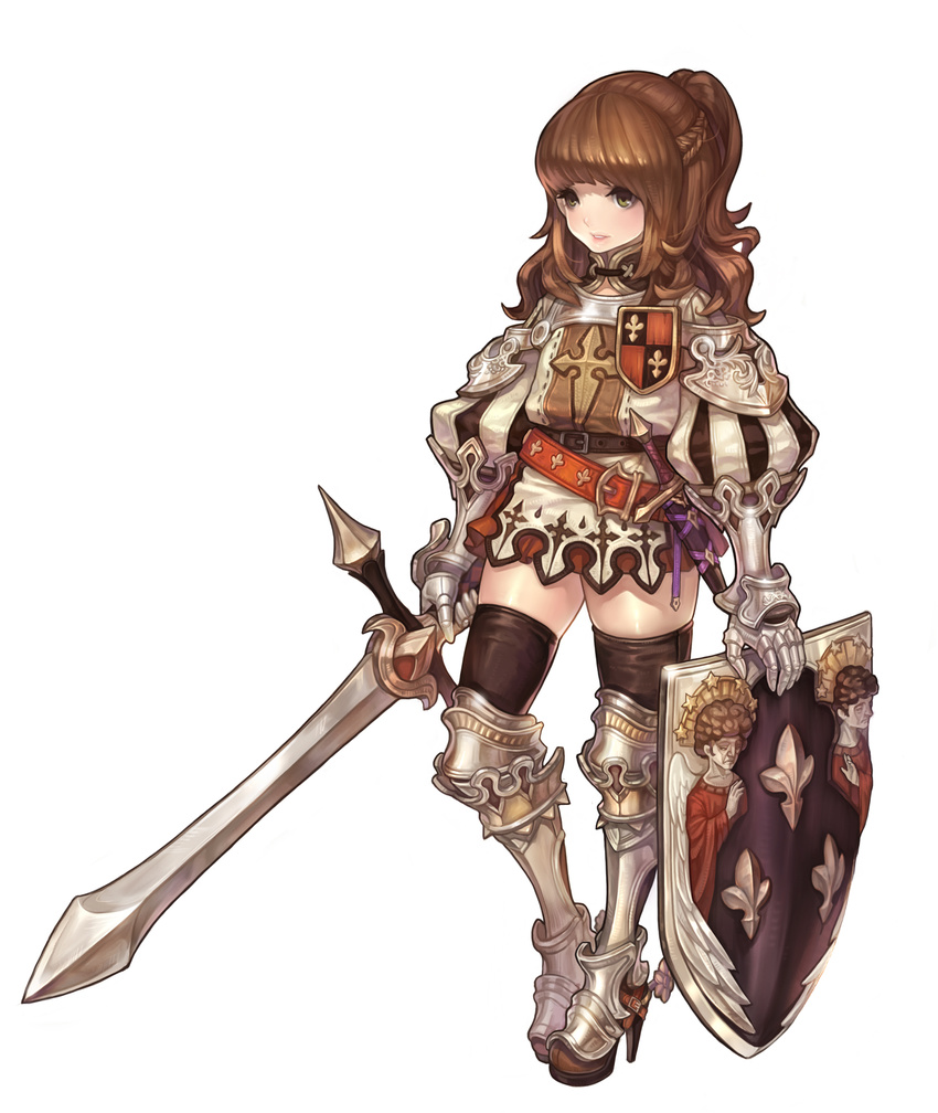 armor brown_hair full_body gauntlets greaves green_eyes high_heels highres long_hair olivia_(yh) original shield shoes simple_background solo sword thighhighs weapon zettai_ryouiki