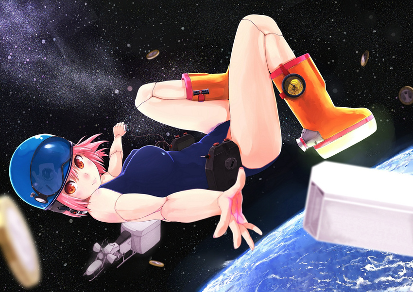 astronaut bad_id bad_pixiv_id bicycle boots coin cyborg ground_vehicle highres niwakaike orange_eyes original pink_hair planet reflection short_hair solo space spacesuit zero_gravity