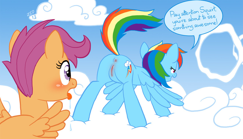 anus blue_fur blush cloud cub cutie_mark dialog drooling duo english_text equine female feral friendship_is_magic fur hair half-closed_eyes hooves lesbian mammal multi-colored_hair my_little_pony open_mouth orange_fur pegasus purple_eyes purple_hair pussy rainbow_dash_(mlp) rainbow_hair rainbow_tail raised_tail saliva scootaloo_(mlp) tail text tongue tongue_out wing_boner wings young zed001