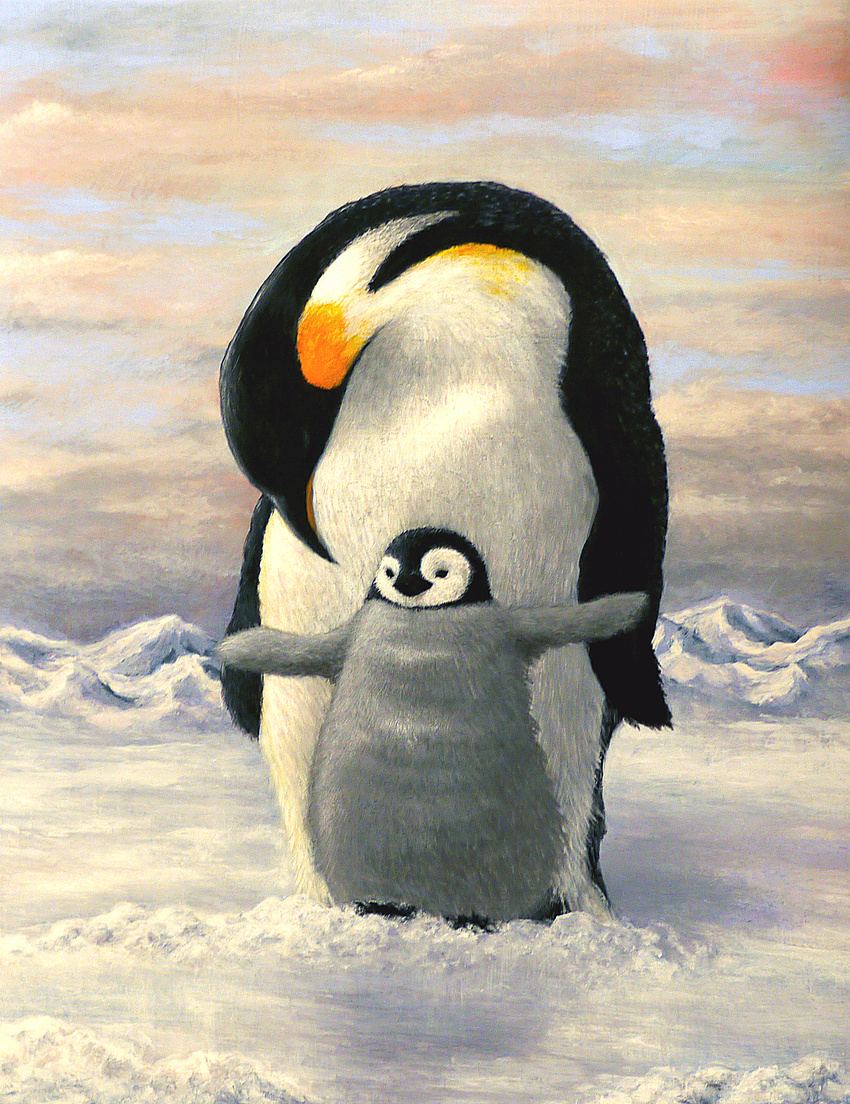 acrylic_paint_(medium) animal baby_penguin bad_id bad_pixiv_id bird cloud emperor_penguin halpenske highres horizon mountain mountainous_horizon no_humans original outstretched_arms penguin snow spread_arms spread_wings traditional_media