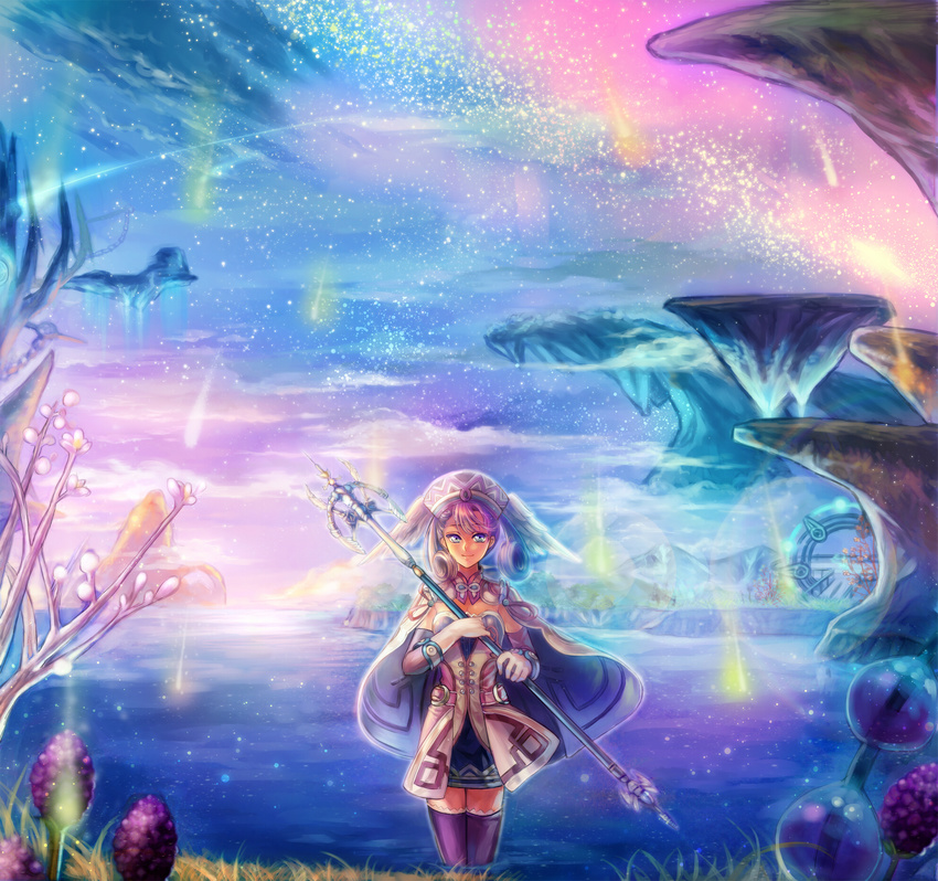 blue_eyes cape cloud elbow_gloves floating_island flower gloves hat head_wings highres looking_at_viewer melia nadir night night_sky scenery shooting_star silver_hair skirt sky smile solo staff standing star_(sky) thighhighs wading water xenoblade_(series) xenoblade_1