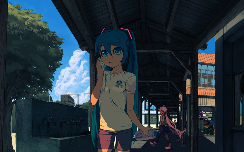 2girls ahoge aqua_eyes aqua_hair bottle bougu cloud day gym_uniform hatsune_miku highres ia_(vocaloid) japanese_clothes kaito kamui_gakupo long_hair looking_at_viewer mismatched_legwear multiple_boys multiple_girls outdoors pink_hair rias-coast school_uniform serafuku shorts sitting skirt sky smile sweat towel twintails vocaloid yamaha