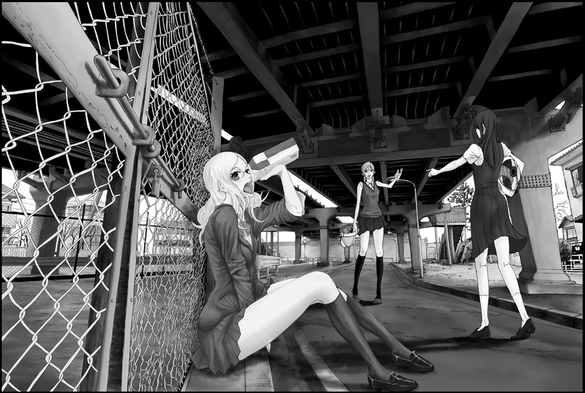 chain-link_fence fence gami_(n09) glasses greyscale helmet kneehighs loafers lock looking_at_viewer monochrome multiple_girls open_mouth original padlock pleated_skirt pointing school_uniform shoes skirt sweater_vest