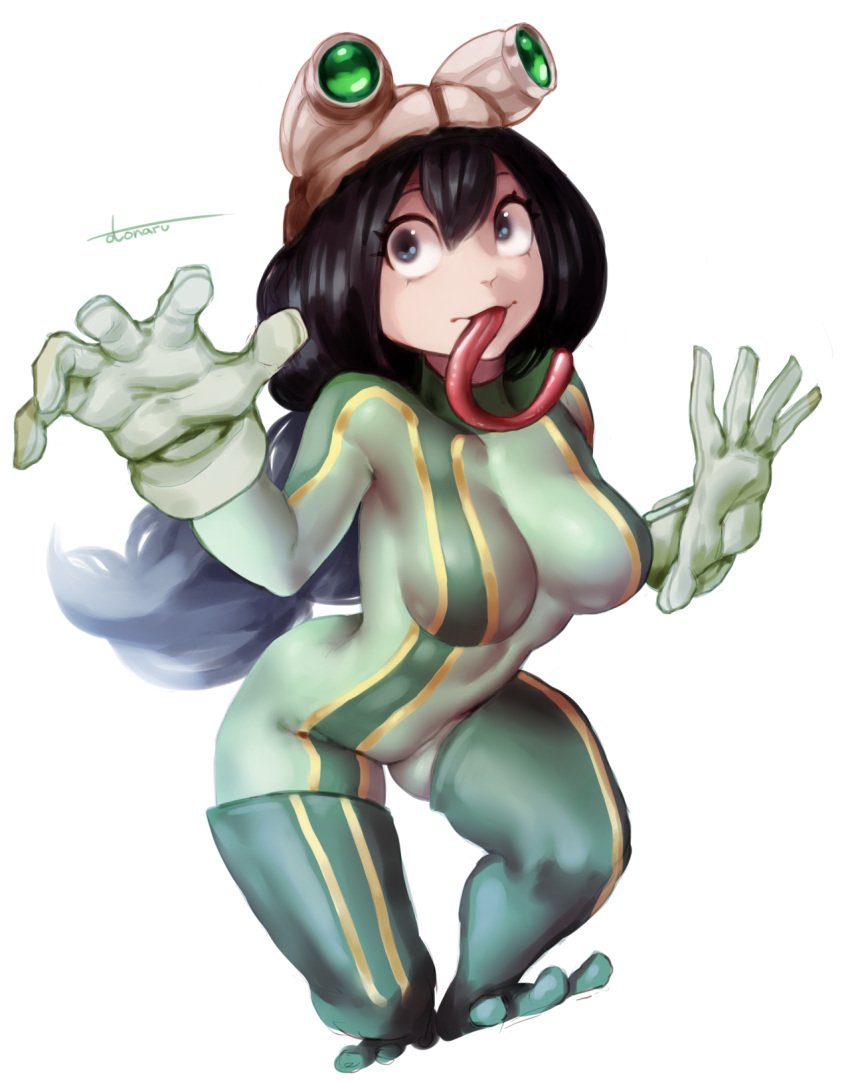 1girl artist_name asui_tsuyu black_eyes black_hair bodysuit boku_no_hero_academia boots breasts frog_girl full_body gloves goggles goggles_on_head green_bodysuit green_gloves green_legwear hair_between_eyes hair_rings highres long_hair long_tongue low-tied_long_hair medium_breasts otonaru simple_background skin_tight solo thigh_boots thighhighs tongue tongue_out very_long_hair very_long_tongue white_background